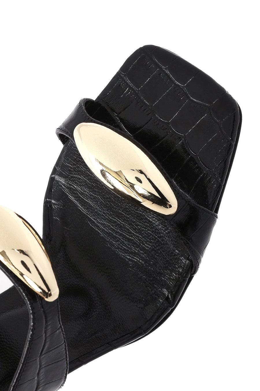 Women's Black Crocodile Patterned Leather High Thick Heeled Slippers
