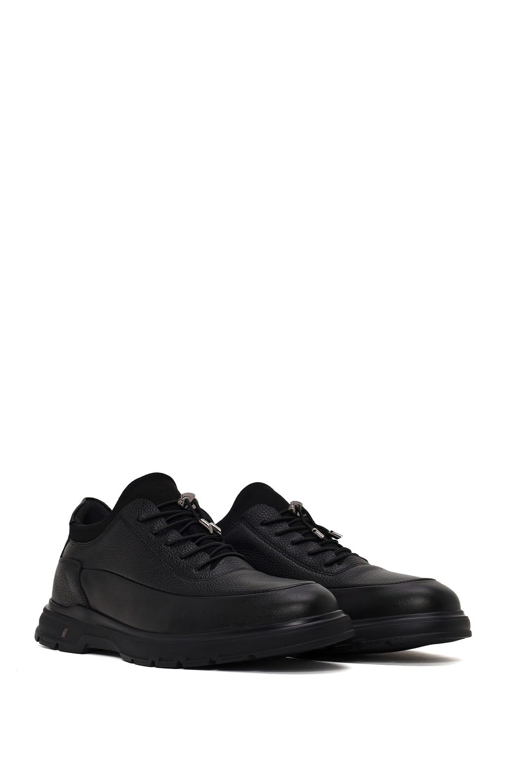 Erkek Siyah Bağcıklı Deri Casual Sneaker