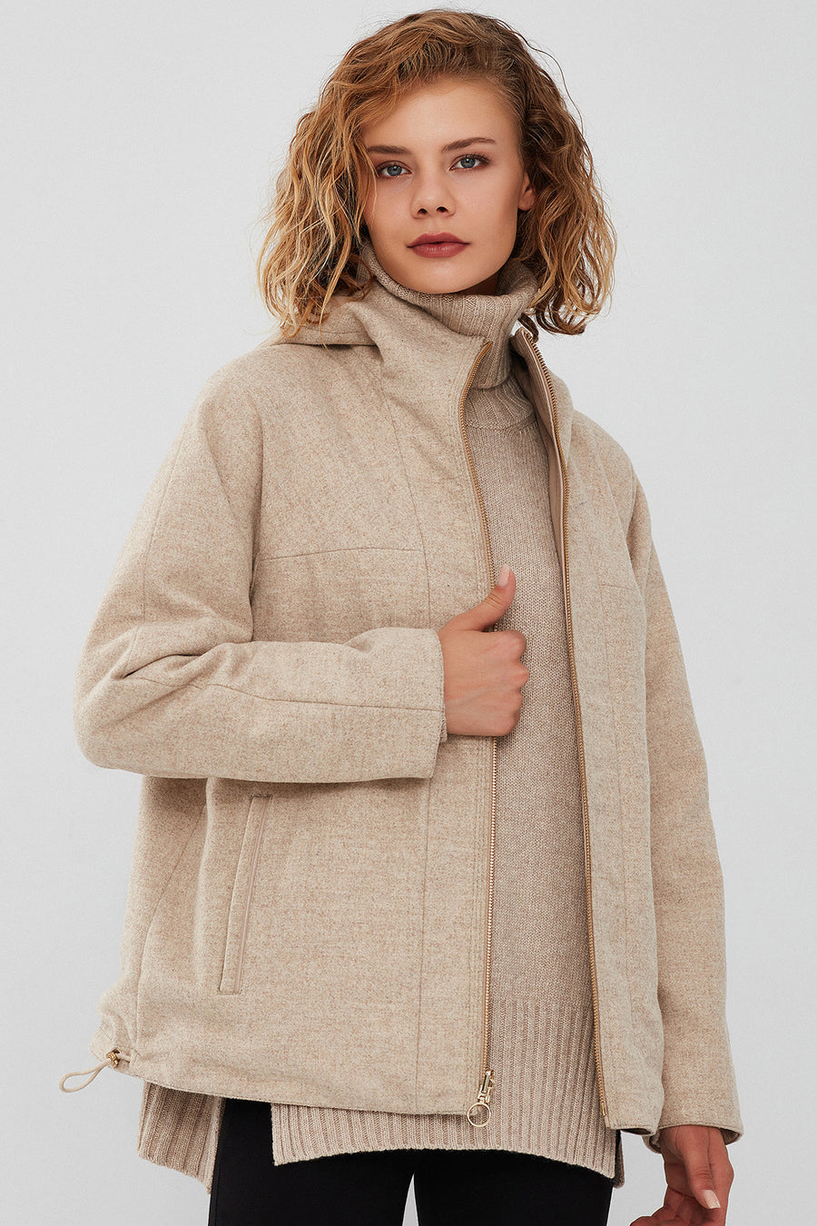 Roma Women's Beige Hooded Double-Sided Oversize Leather Jacket