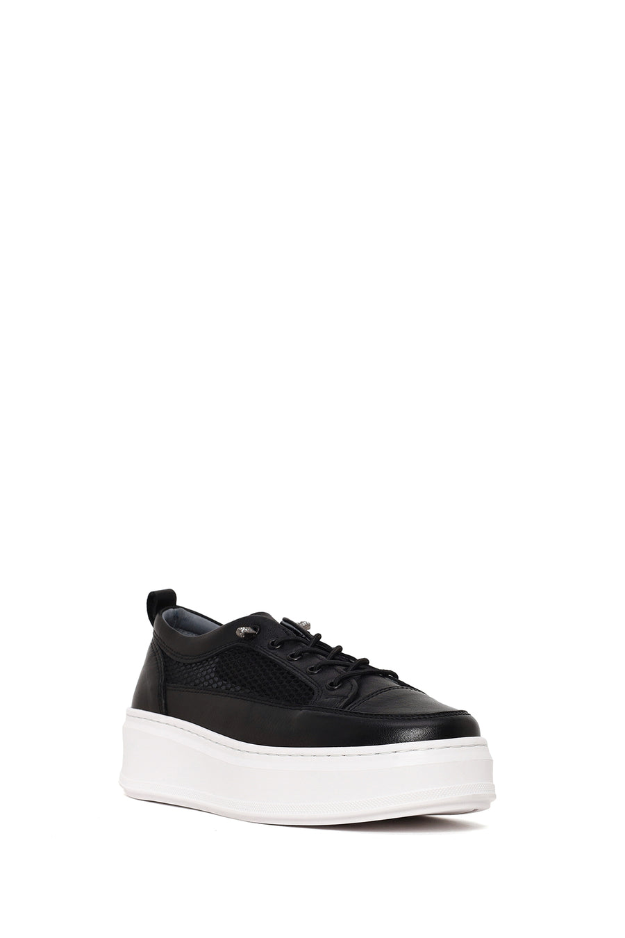 Woman Black Lace-Up Thick-Soled Leather Sneaker