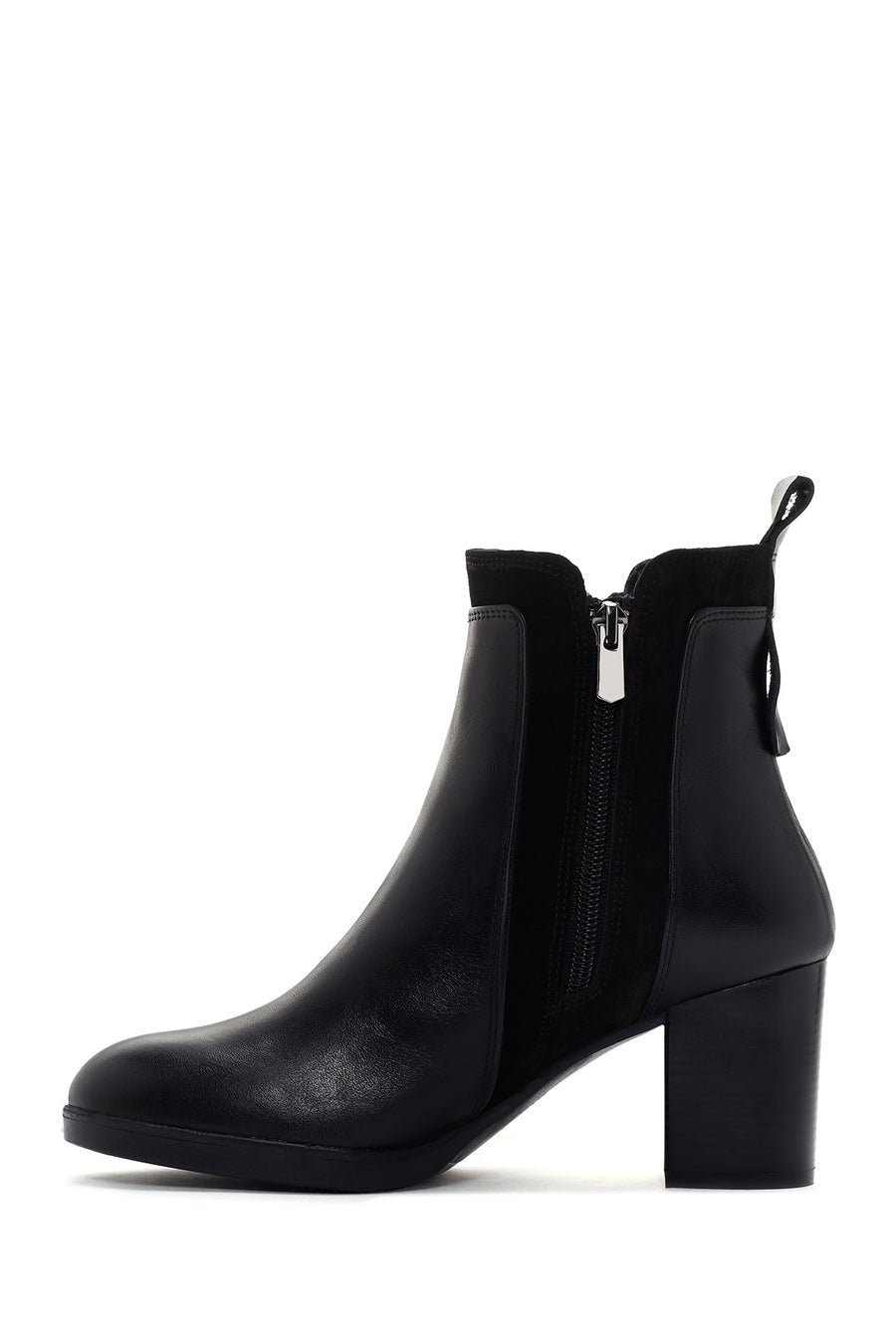 Women's Black Thick Heeled Zippered Leather Boots