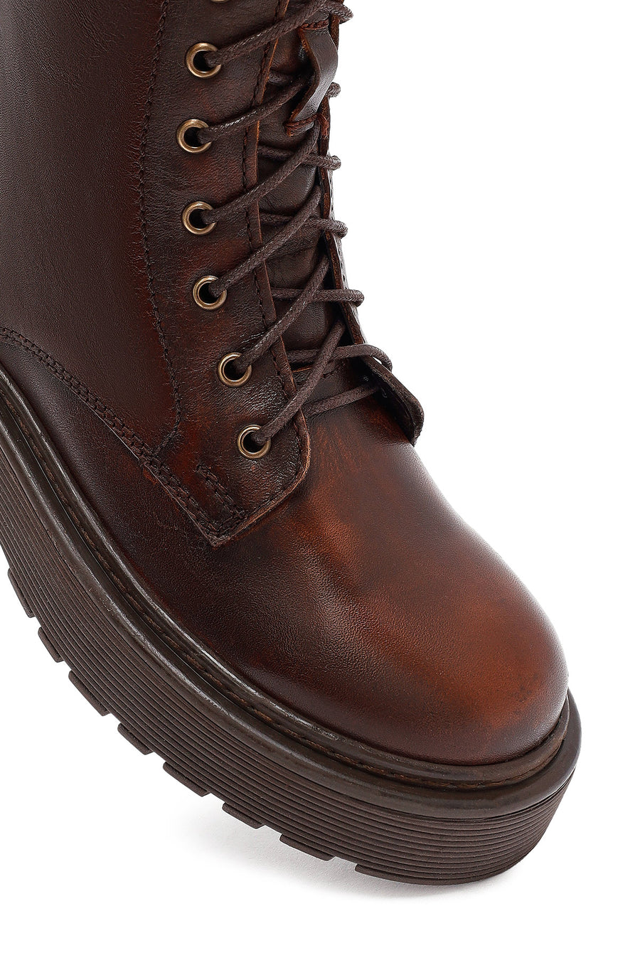 Women's Brown Lace-Up Zipper Thick-Soled Leather Combat Boots