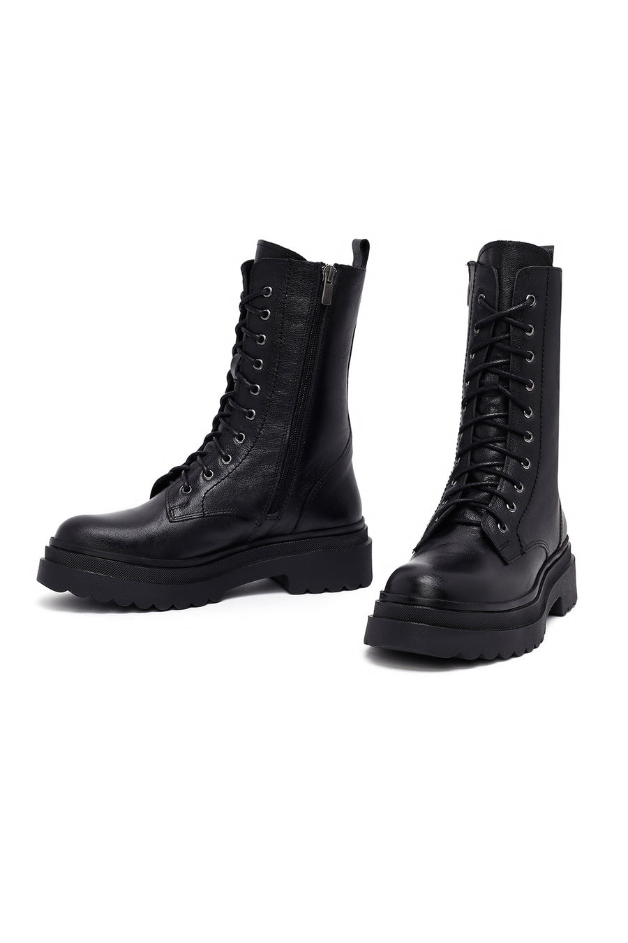 Woman Black Zip Closure Leather Combat Boots