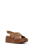 Women's Tan Ankle Strap Printed Wedge Heel Leather Comfort Sandals | Derimod