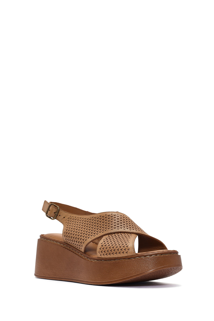 Women's Tan Ankle Strap Printed Wedge Heel Leather Comfort Sandals