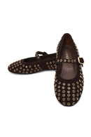Woman Brown Stone-Embellished Leather Ballet Flat | Derimod