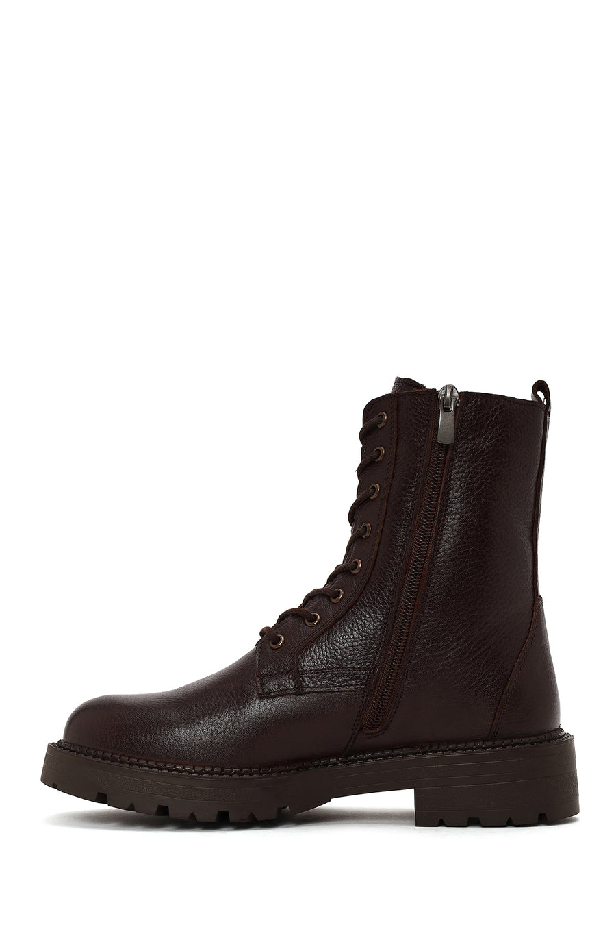 Woman Brown Zip Closure Thick-Soled Leather Combat Boots
