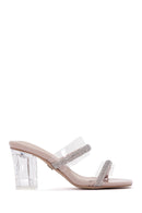 Women's Beige Stone Transparent Thick Heeled Slippers | Derimod