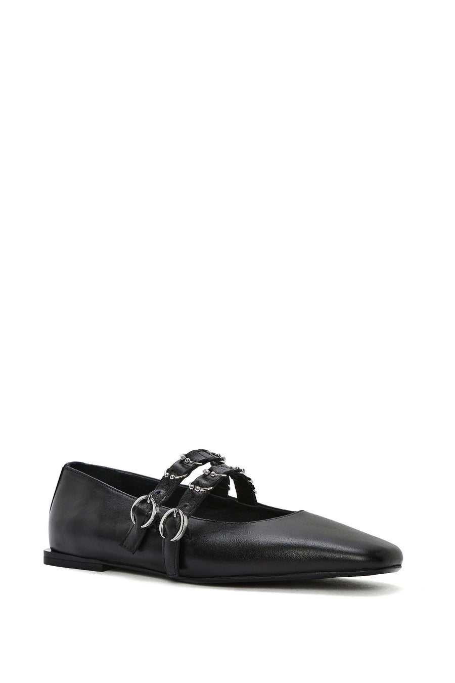 Women's Black Double Buckled Leather Ballerinas