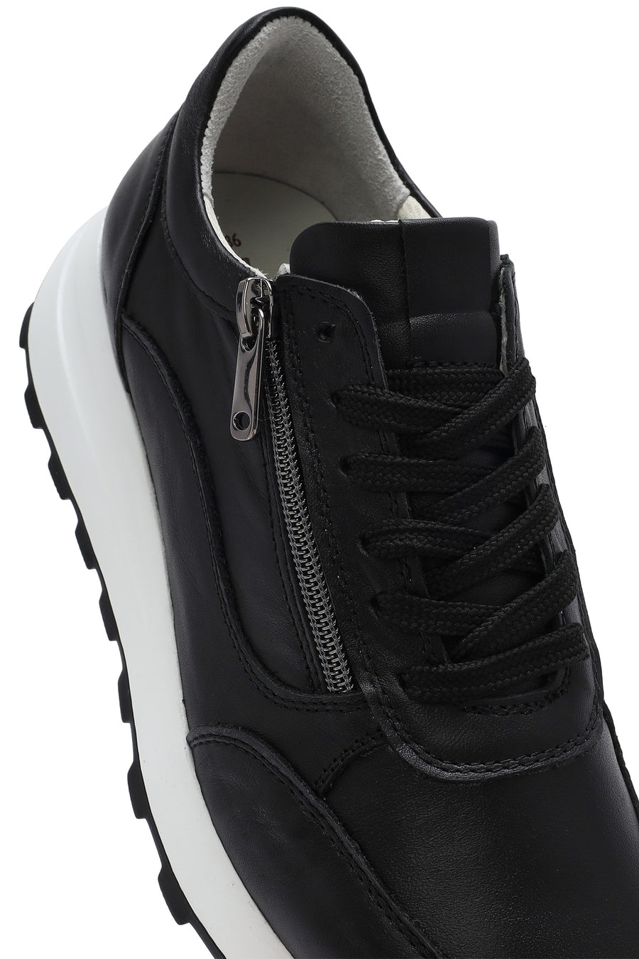 Kadın Siyah Bağcıklı Yandan Fermuarlı Deri Sneaker