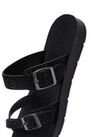 Women's Black Double Buckled Stoned Slippers | Derimod