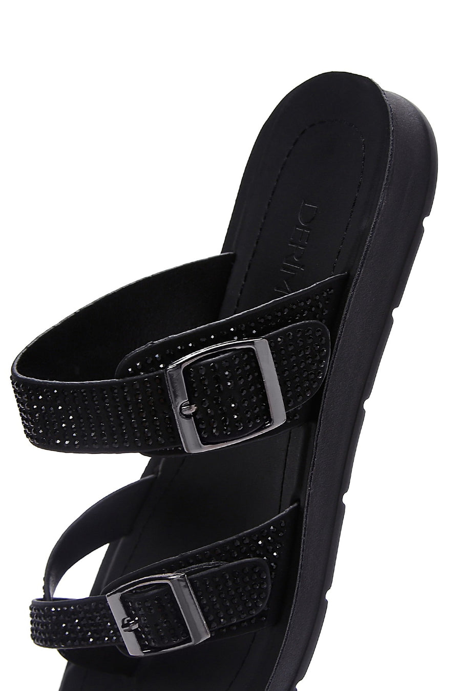 Women's Black Double Buckled Stoned Slippers