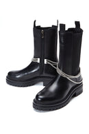 Women's Black Leather Zippered Chain Detailed Boots | Derimod