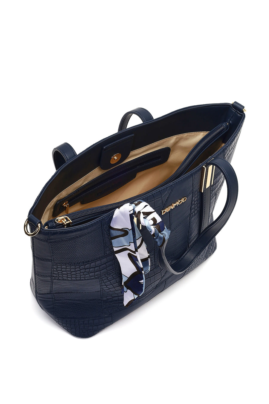 Woman Navy Long-Strap Printed Shoulder Bag