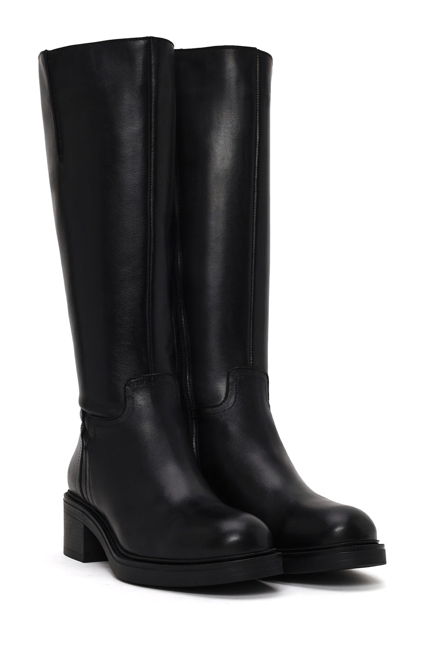 Woman Black Zip Closure Chunky Heeled Leather Boots