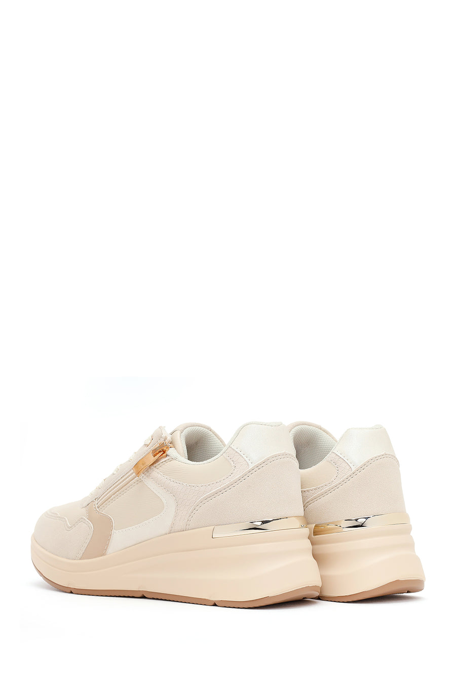 Kadın Bej Yandan Fermuarlı Bağcıklı Kalın Tabanlı Sneaker
