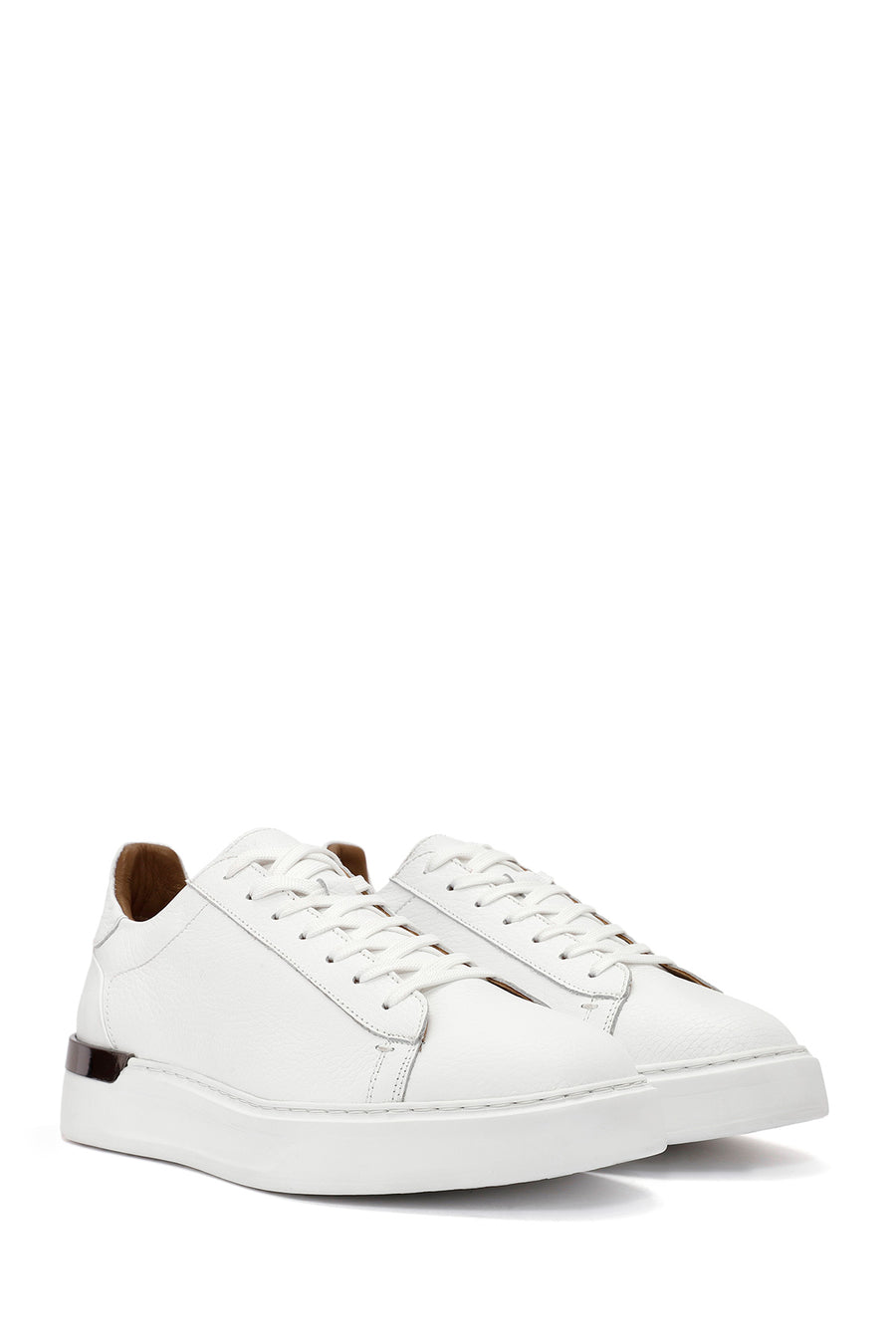 Erkek Beyaz Bağcıklı Kalın Tabanlı Deri Sneaker