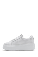 Women's White Thick-Soled Side Zipper Lace-Up Leather Sneakers | Derimod