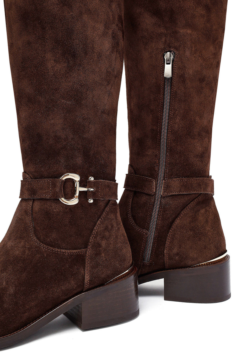Woman Brown Zippered Low Heel Suede Leather Boot