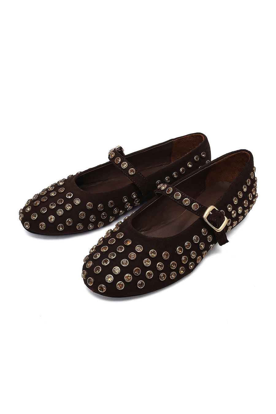 Woman Brown Stone-Embellished Leather Ballet Flat