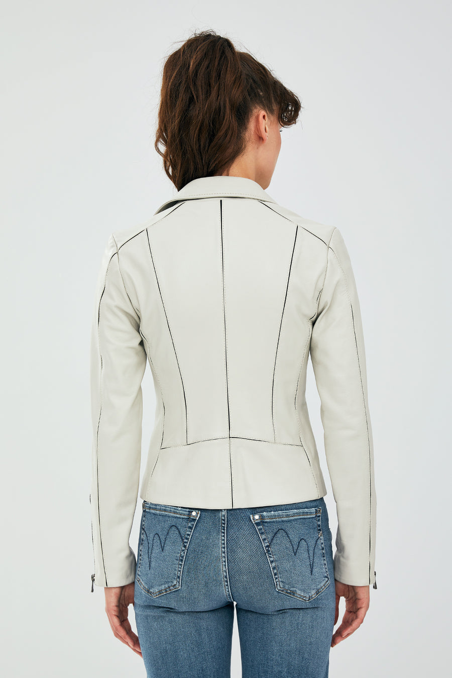 Kiara Kadın Bej Slim-Fit Biker Deri Ceket