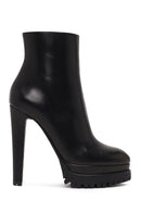 Woman Black Zip Closure Platform High Thick-Heeled Leather Boots | Derimod