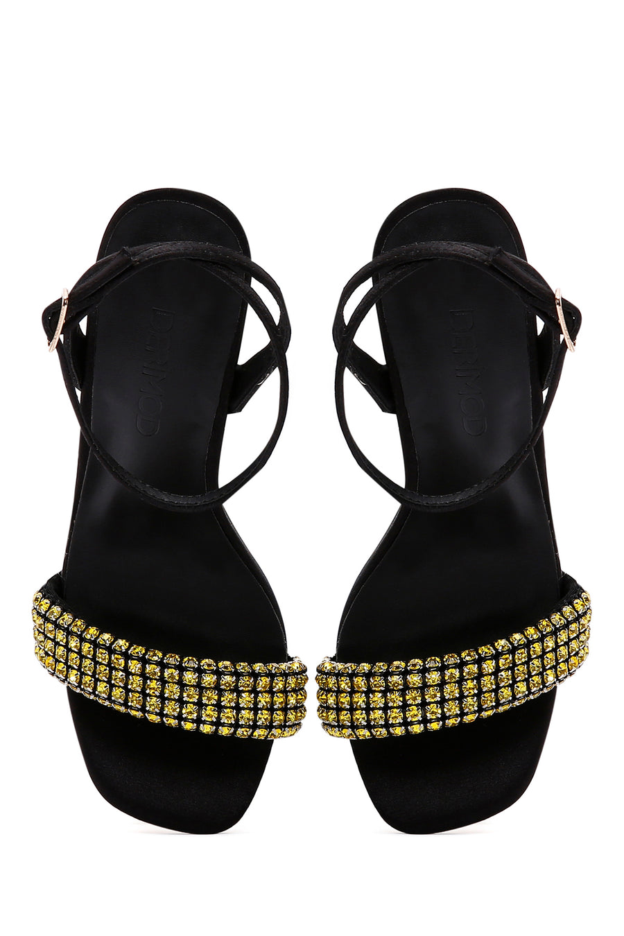 Women's Black Yellow Stone Thin Heeled Ankle Sandals