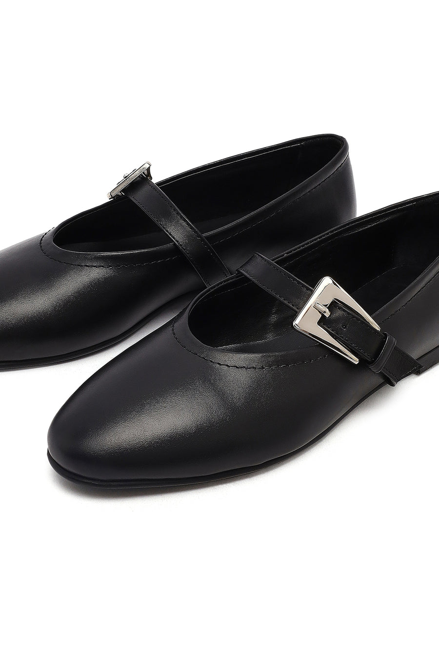 Women's Black Buckled Leather Ballet Flat