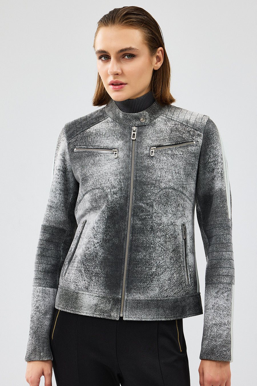 Sporty Women's Gray Short Nubuck Leather Sports Jacket
