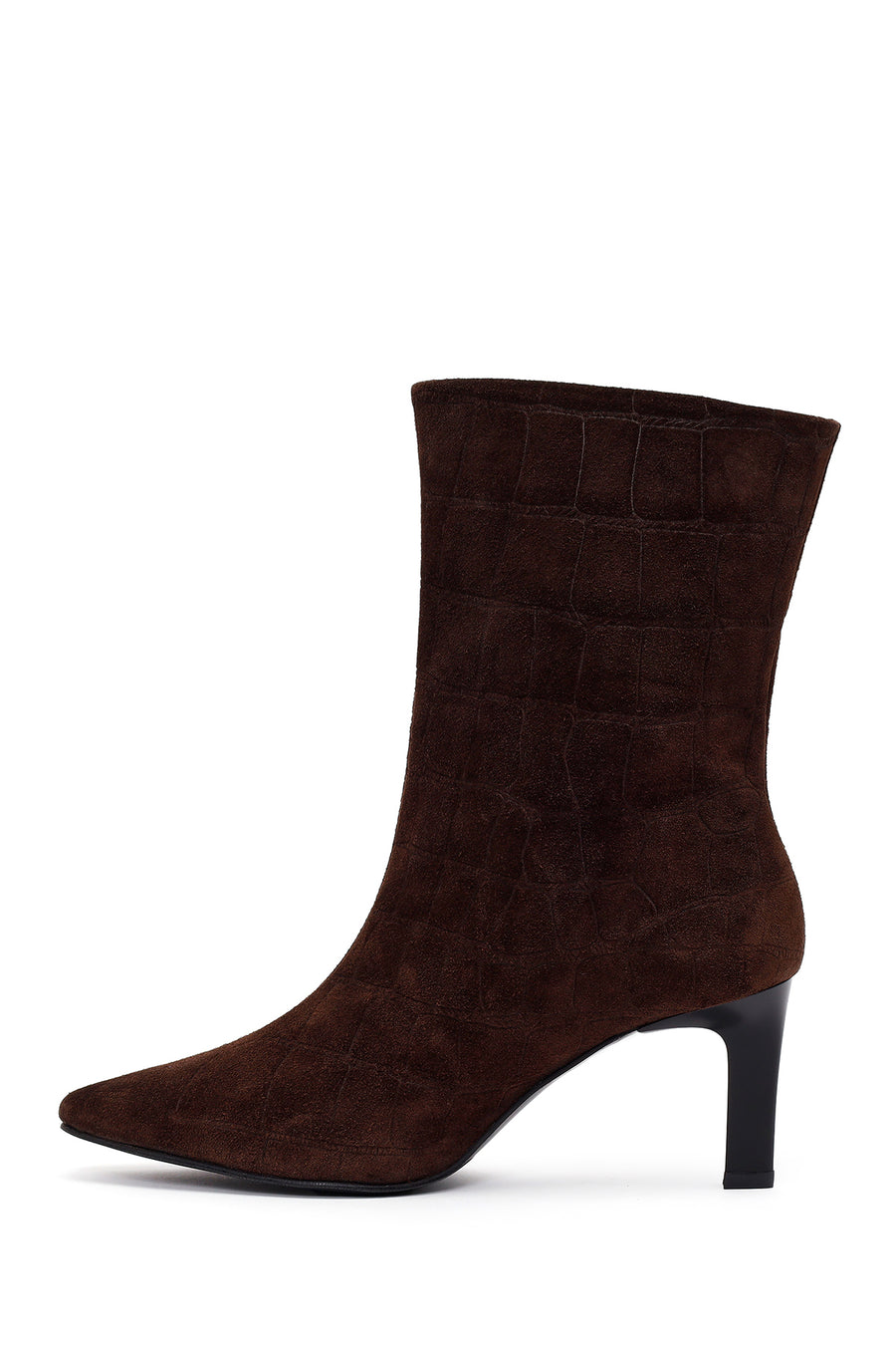 Woman Brown Thin Heeled Printed Suede Boots