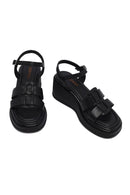 Women's Black Ankle Buckle Wedge Heel Leather Sandals | Derimod