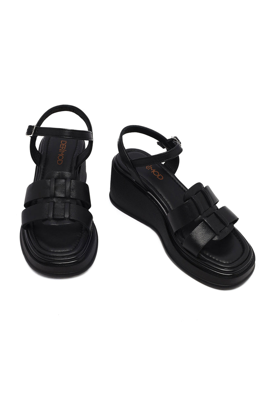 Women's Black Ankle Buckle Wedge Heel Leather Sandals