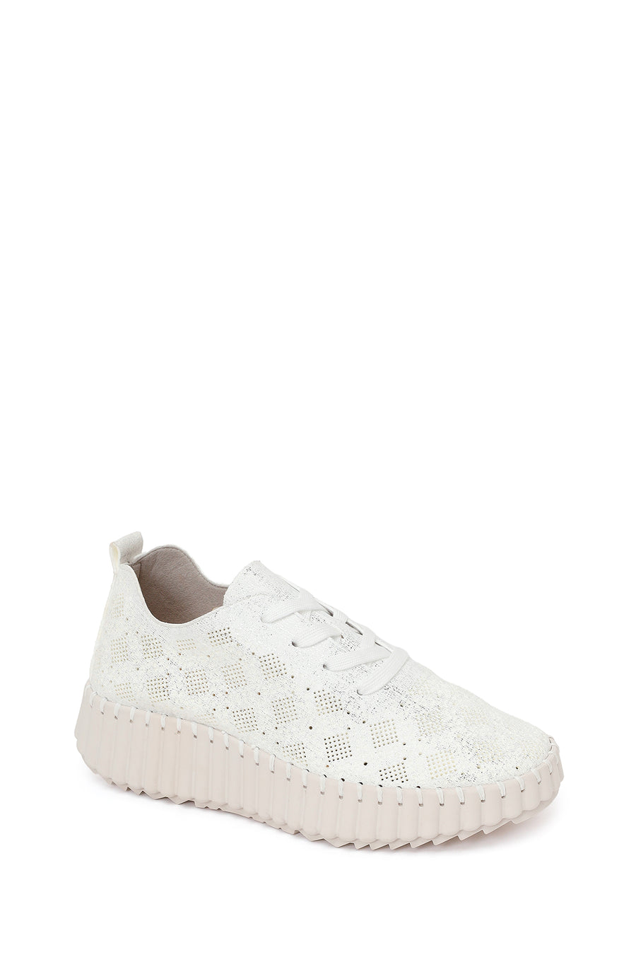 Kadın Beyaz Bağcıklı Desenli Kalın Tabanlı Kumaş Sneaker
