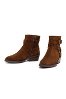 Woman Tan Zippered Suede Leather Cowboy Boots | Derimod