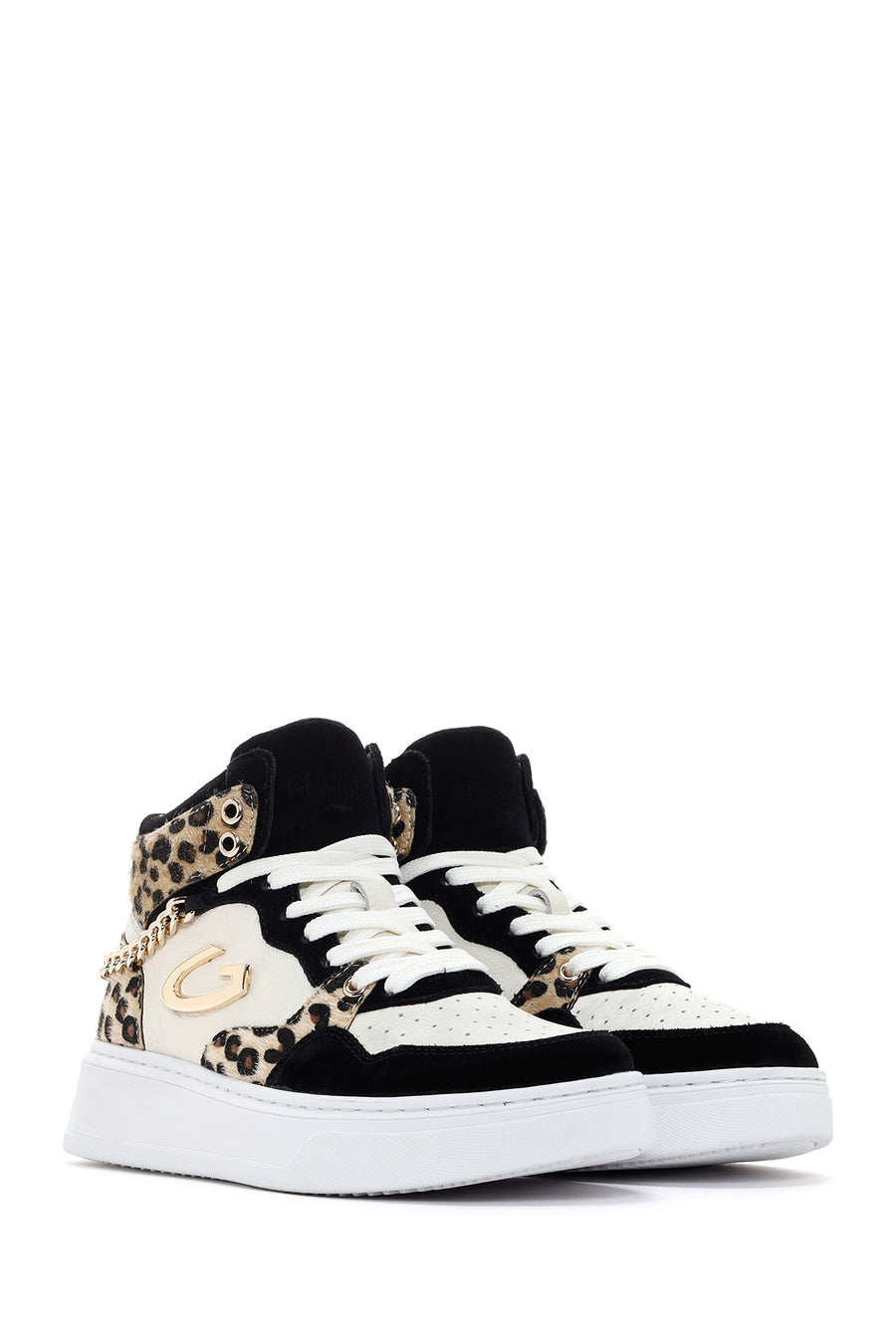 Alberto Guardiani Kadın Siyah Beyaz Leopar Deri Kalın Tabanlı Bilekli Sneaker