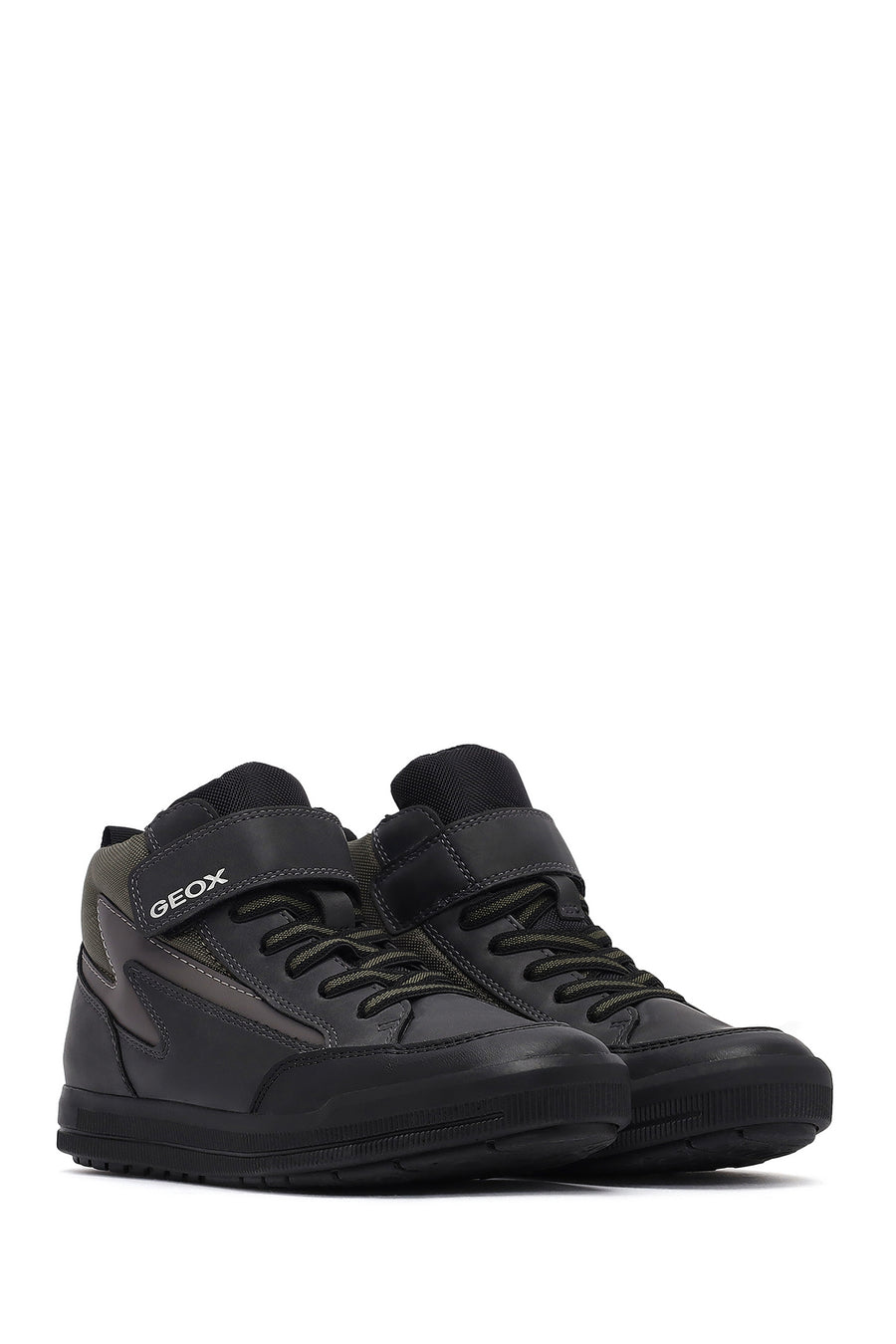 Geox Boys Black Arzach High Lace-Up Strapped Leather Boots