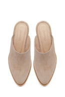 Woman Beige Mule Open Back Chunky Heeled Suede Slipper | Derimod