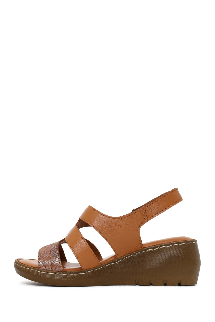 Woman Tan Wedge-Heel Leather Comfort Sandal