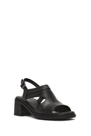 Women's Black Ankle Strap Thick Heeled Leather Sandals | Derimod