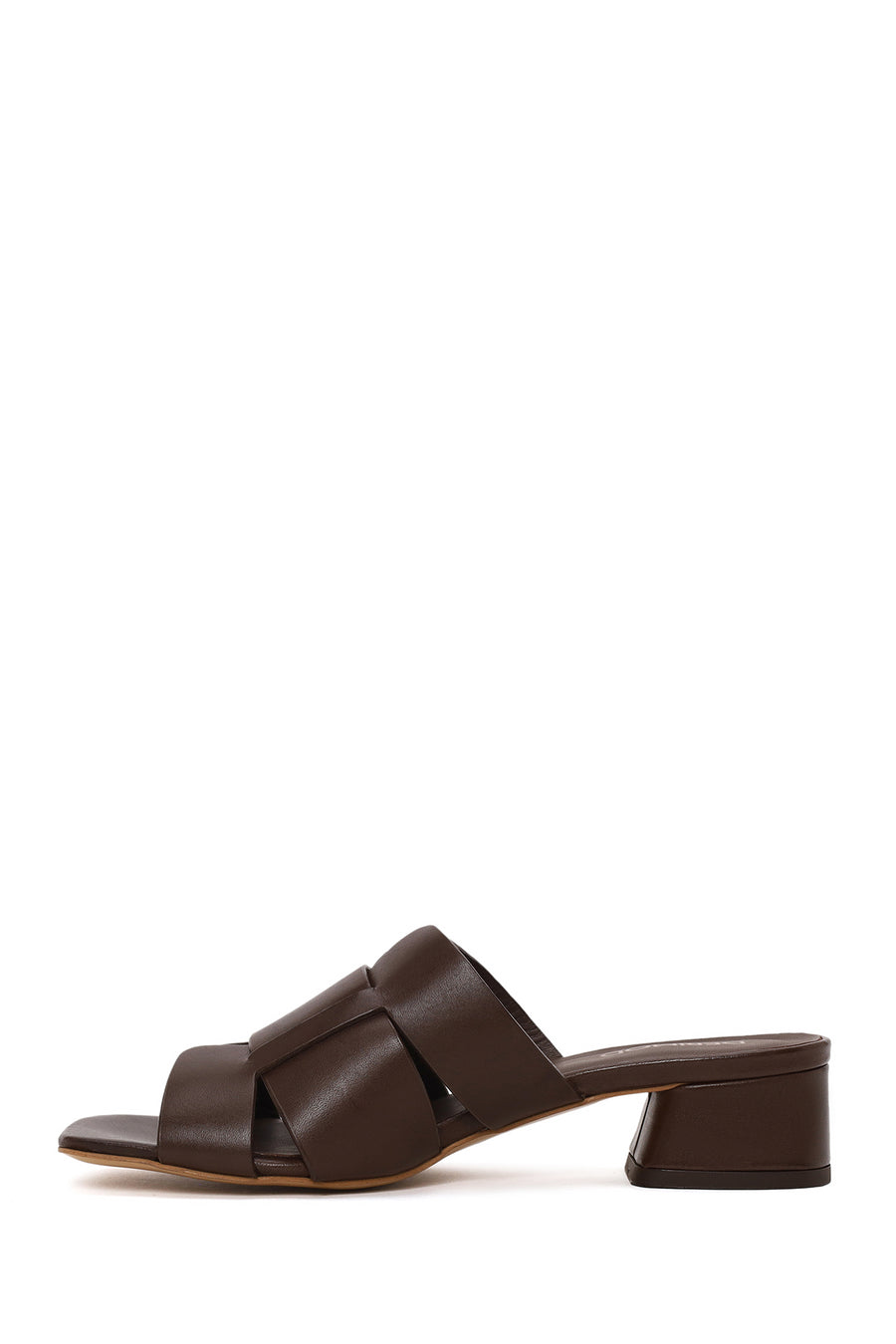 Woman Brown Short Thick-Heeled Leather Slipper