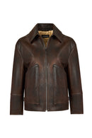 Garcia Women's Brown Shirt Collar Oversize Leather Jacket | Derimod