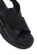 Women's Black Strapped Wedge Heel Leather Sandals | Derimod