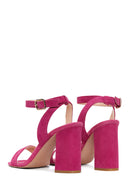 Women's Pink Suede Leather Thick Heeled Sandals | Derimod