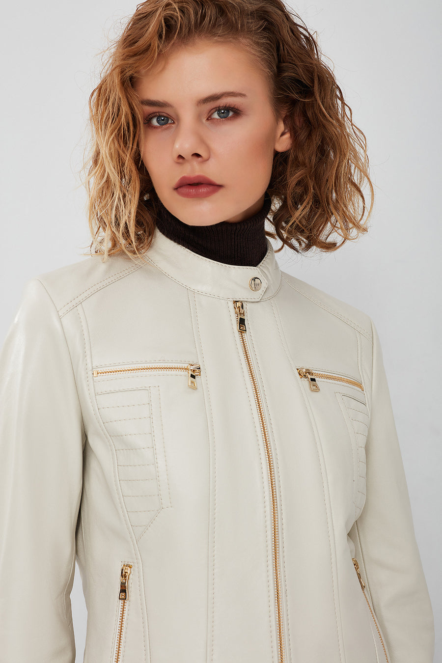 Marlyn Women's Beige Short Leather Jacket