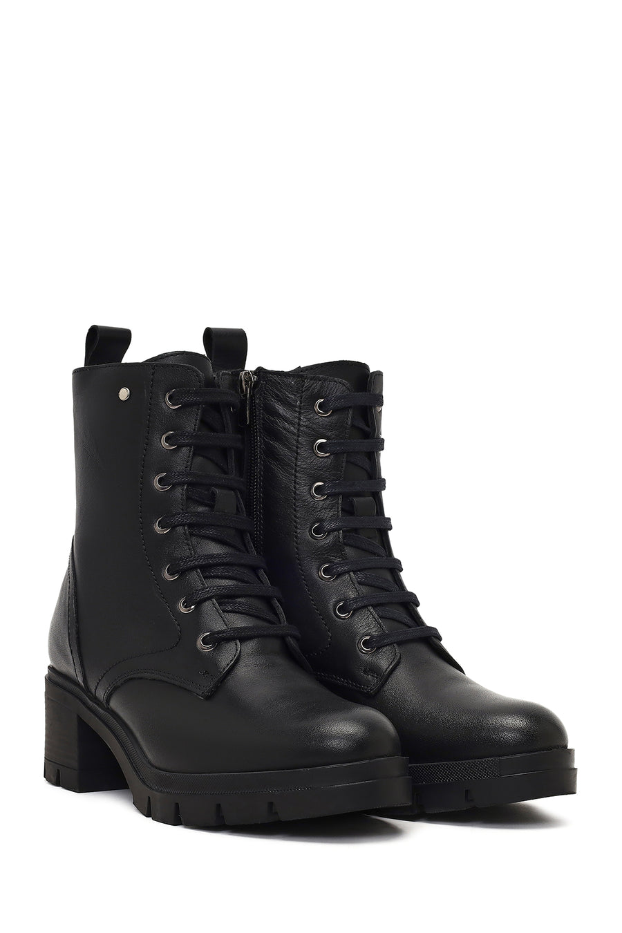 Woman Black Zip Closure Thick-Heeled Leather Boots