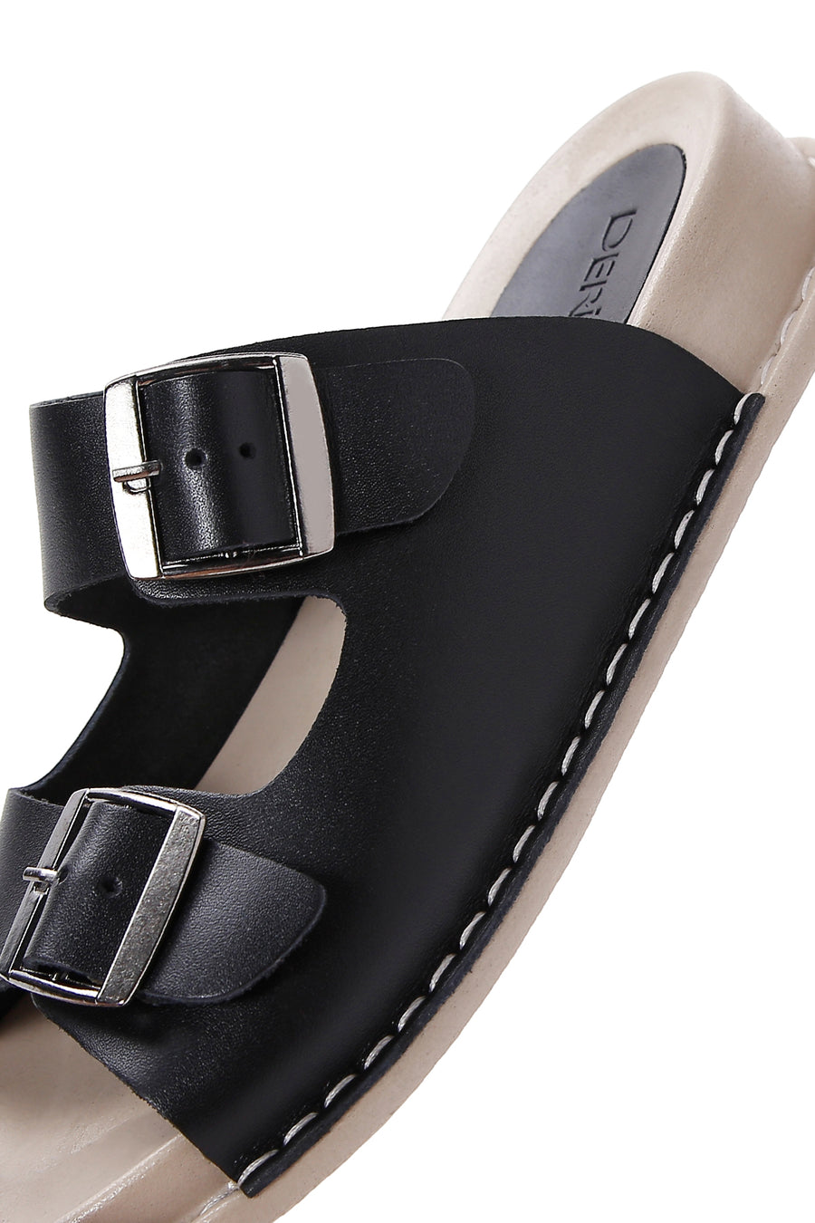 Women's Black Leather Buckle Comfort Slippers