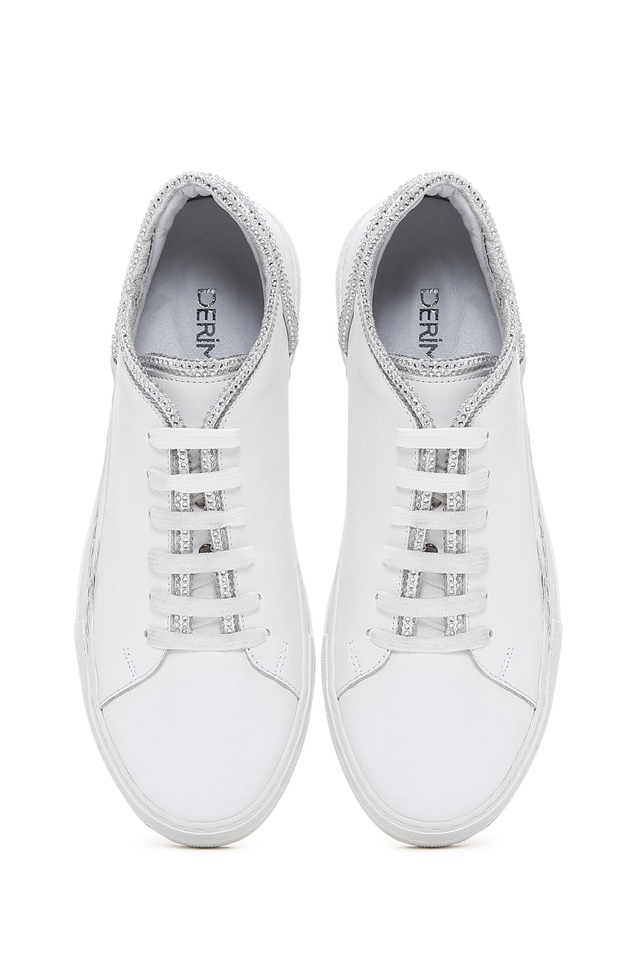 Kadın Beyaz Bağcıklı Taşlı Deri Sneaker