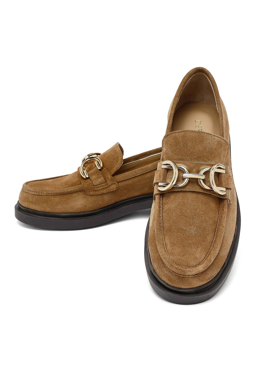 Woman Tan Buckled Suede Leather Masculine Loafer