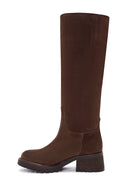 Women's Brown Chunky Heel Suede Leather Boots | Derimod