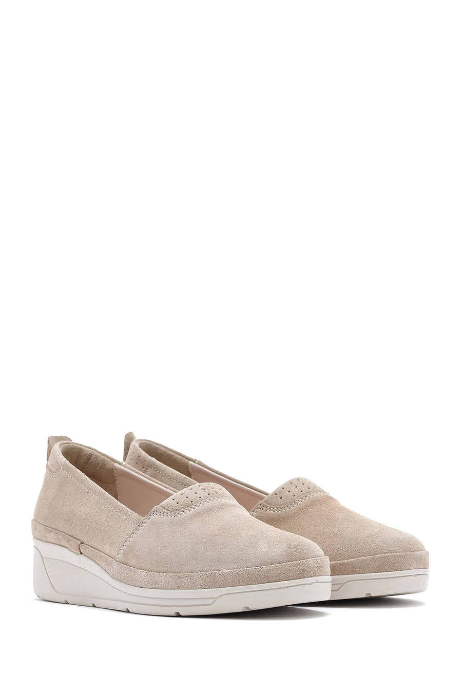 Kadın Bej Dolgu Topuklu Süet Deri Comfort Loafer